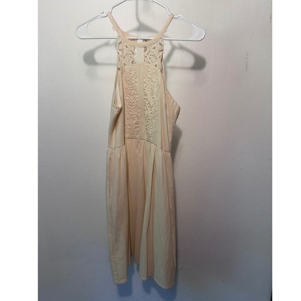 Altar'd State Cream Linen Cotton Lace Halter Mini Dress with Pockets Small